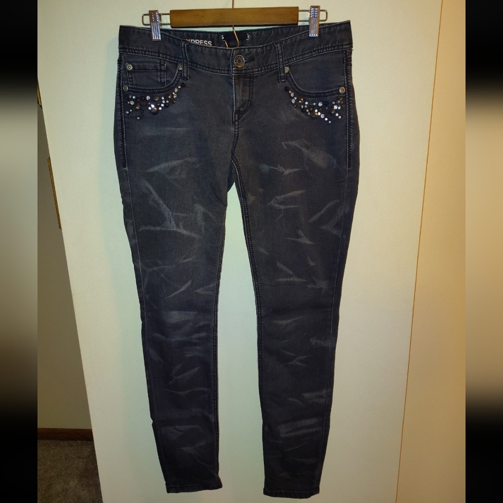 EXPRESS -- Ultra Skinny Slim Fit Ultra Low Rise Black Tie Dye Denim